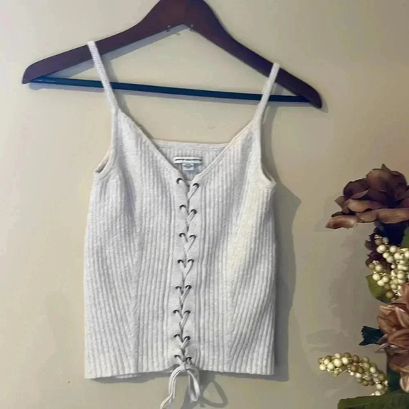 American Eagle Outfitters Tops - American Eagle Lace Up Cropped Sweater Tank Ivory Cream Ribbed Summer Minimalist
